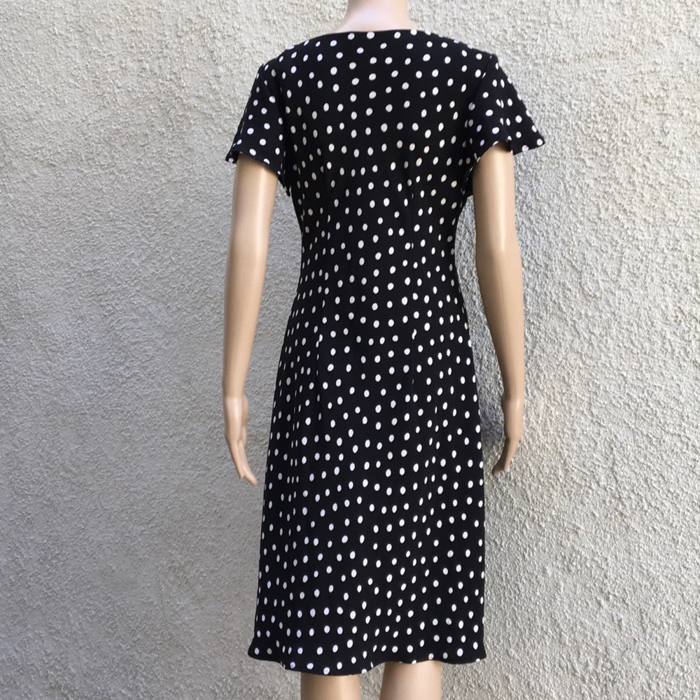 Black & white dot fit & flare dress w/ draped neck - Picture 4 of 7